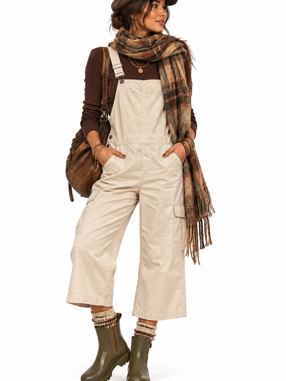 The Handle Beige Cropped Overalls - Women's Casual Jumpsuit